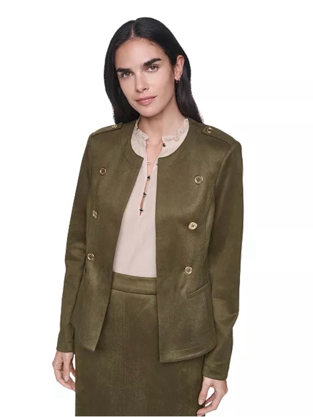Tommy Hilfiger Olive Double-Breasted Collarless Blazer Size M NWT